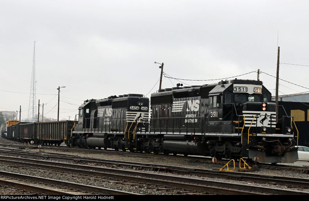 NS 3511 & 3456 lead train P030-10 out of the yard